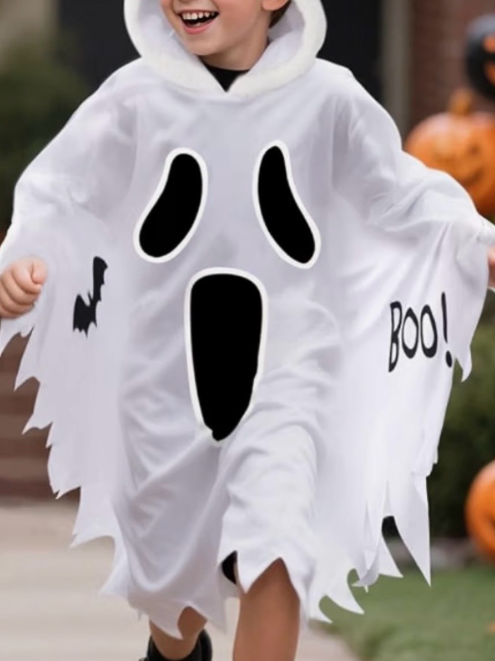 Kids Halloween White Ghost Face Costume Hooded Poncho